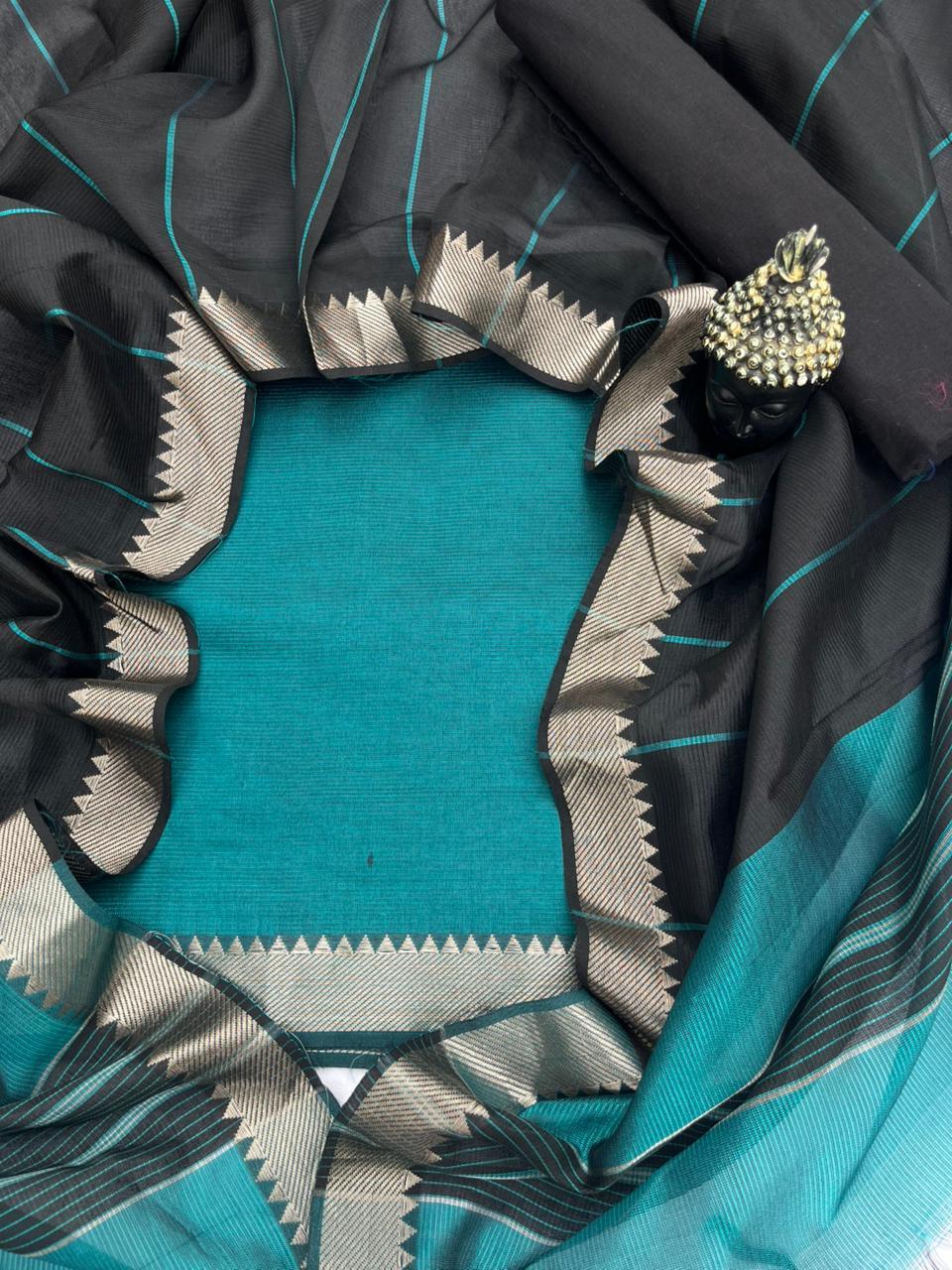 Mangalagiri Semi Pattu Dress Material with Zari Border – Sea Green Colour