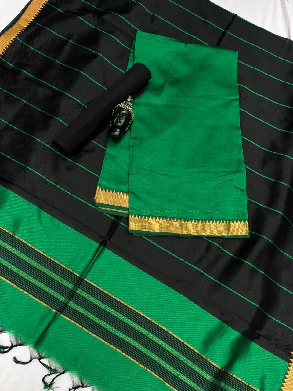 Mangalagiri Semi Pattu Dress Material with Zari Border – Green Colour