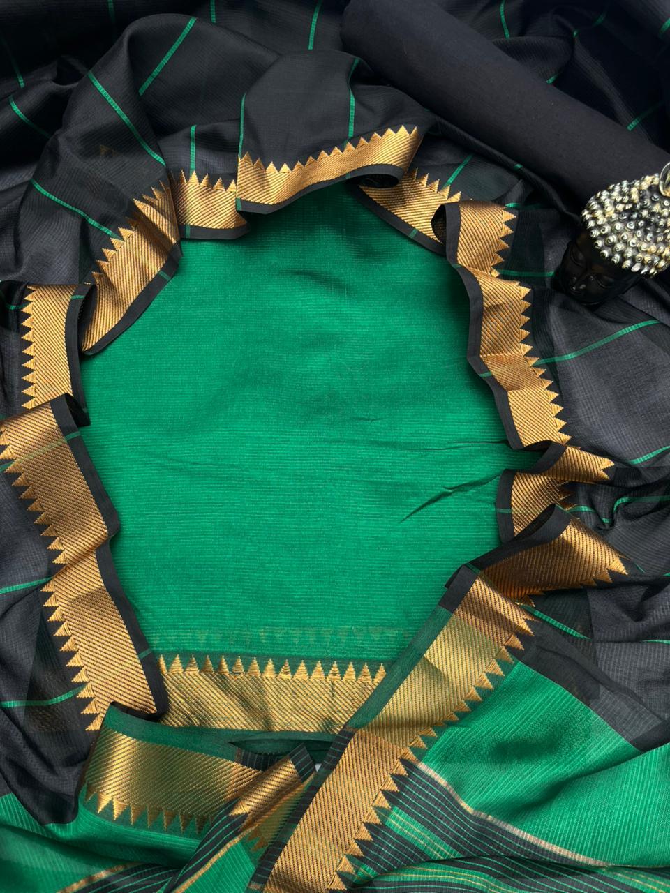 Mangalagiri Semi Pattu Dress Material with Zari Border – Green Colour
