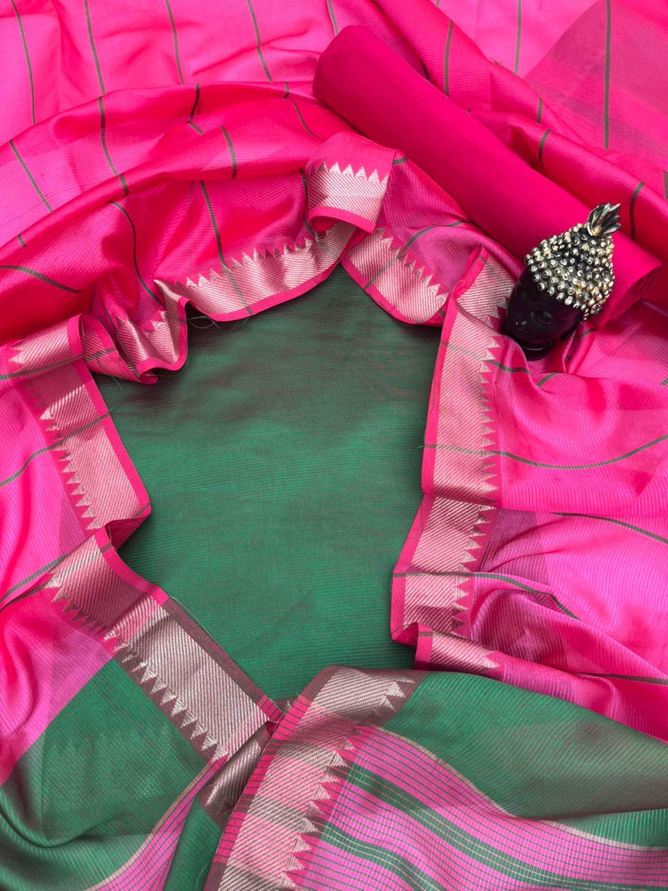 Mangalagiri Semi Pattu Dress Material with Zari Border – Green Colour