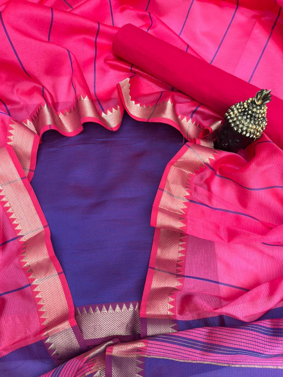 Mangalagiri Semi Pattu Dress Material with Zari Border – Blue Colour