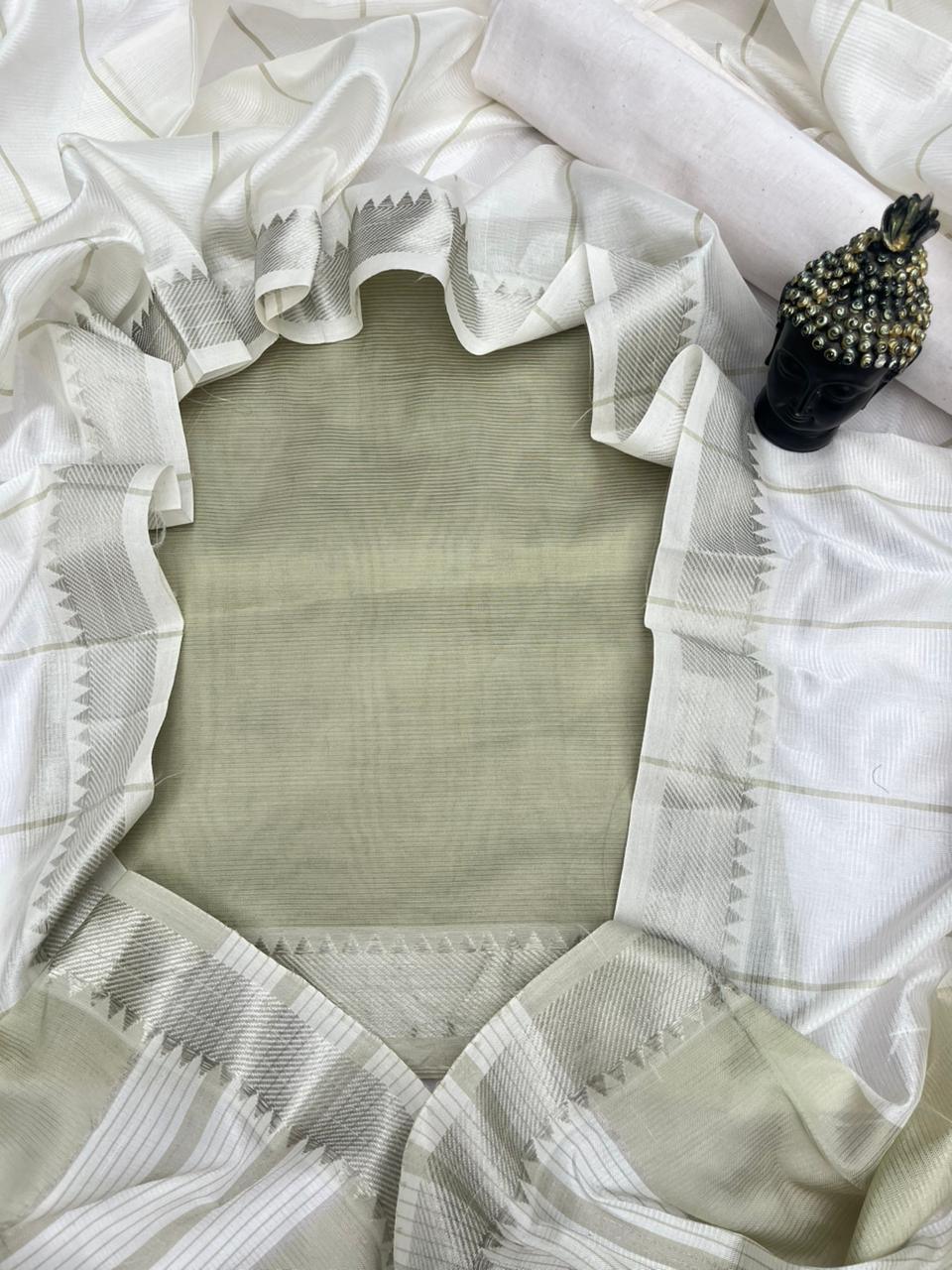 Mangalagiri Semi Pattu Dress Material with Zari Border – Pale pine Colour