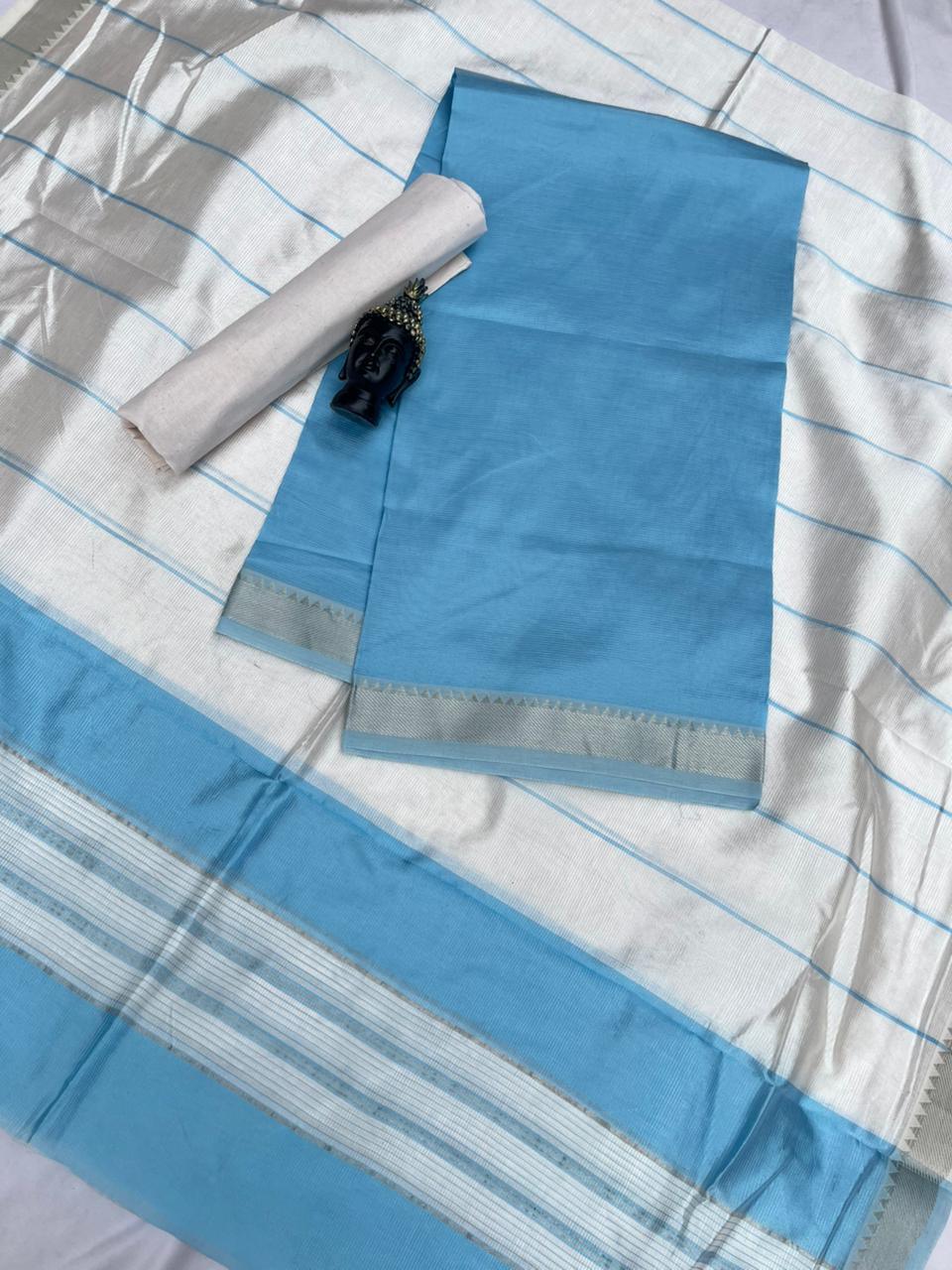 Mangalagiri Semi Pattu Dress Material with Zari Border – Sky Blue Colour