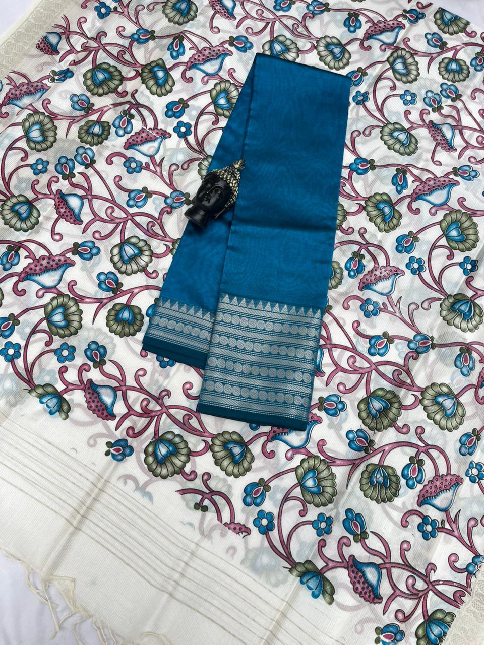 Mangalagiri Semi Pattu Dress Material with Zari Border – Blue Colour Top & Dupatta - 2pc set