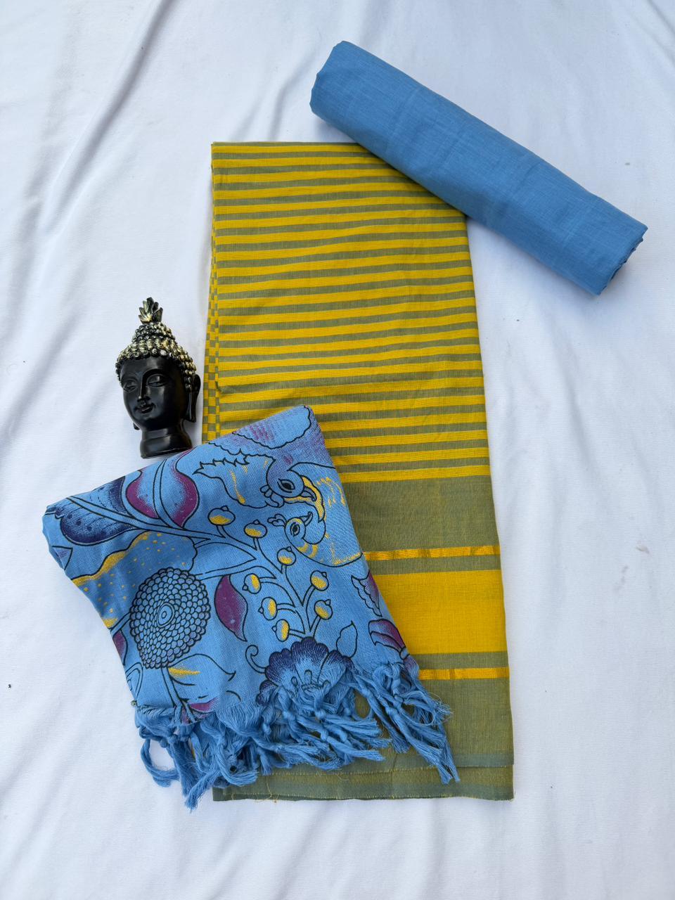 Soft Nagari Cotton Unstitched Dress Material | Daily Wear Yellow & Sky Blue 3pc Set