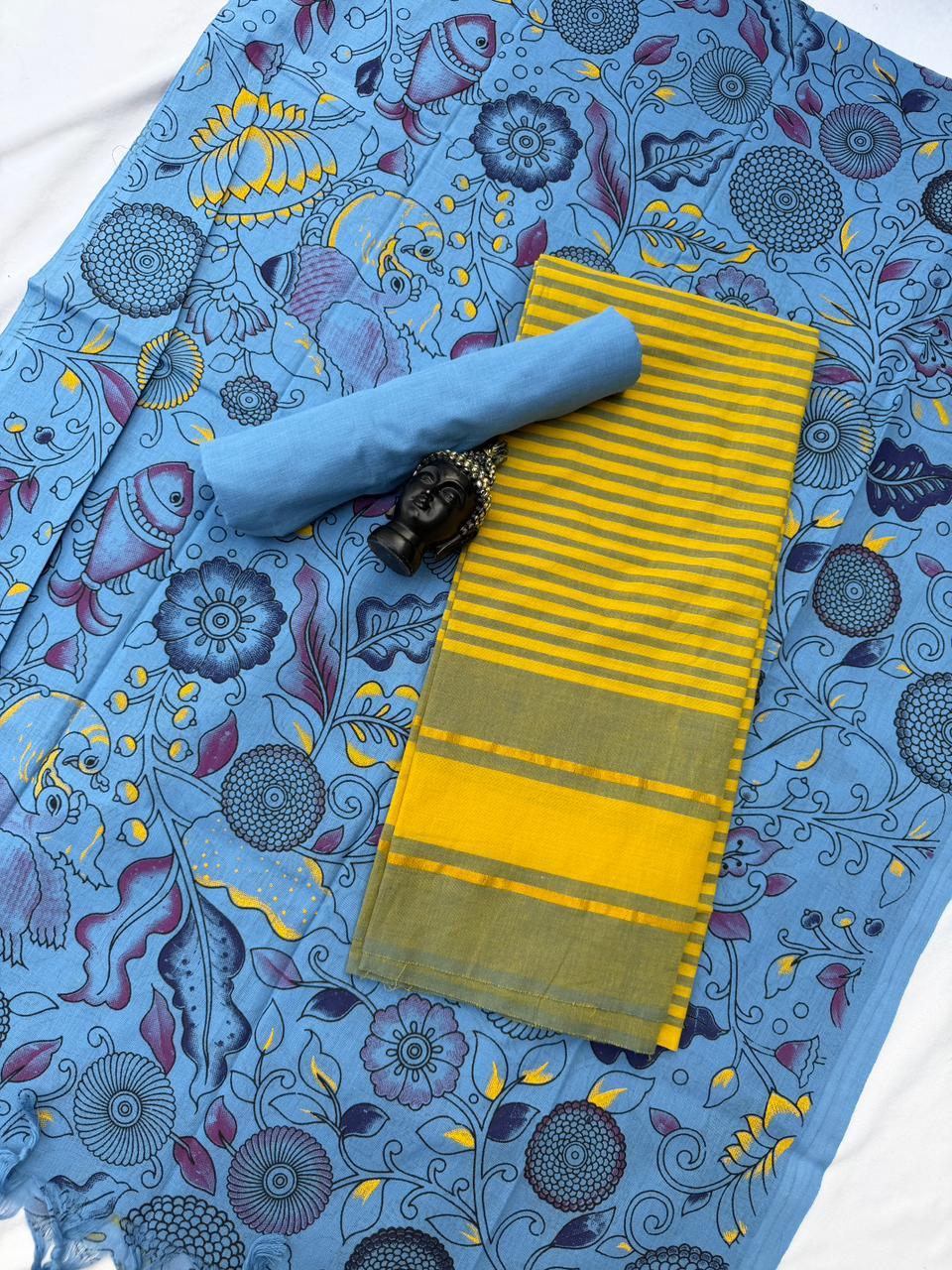 Soft Nagari Cotton Unstitched Dress Material | Daily Wear Yellow & Sky Blue 3pc Set