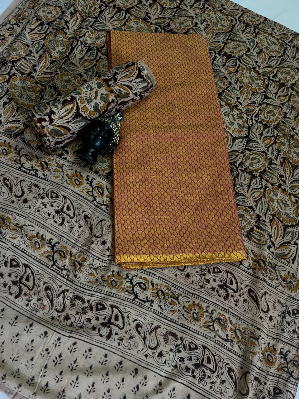 Traditional Kalamkari Unstitched 3PC Dress Material in Musted Yellow Colour | Cotton Ethnic Fabric