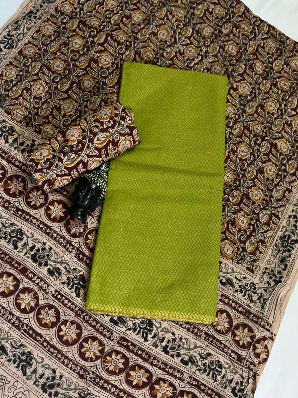 Traditional Kalamkari Unstitched 3PC Dress Material in Parrot Green Colour | Cotton Ethnic Fabric