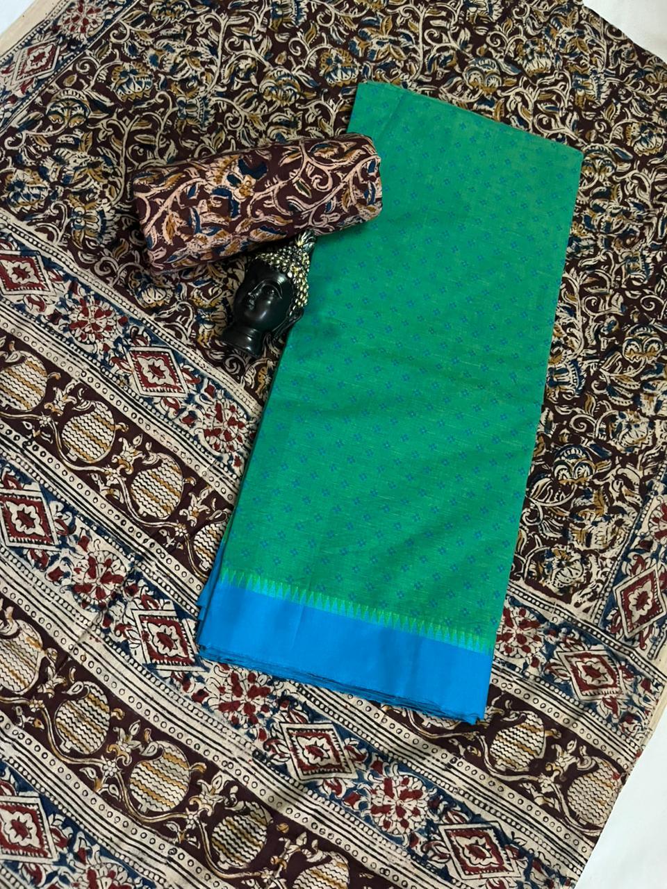 Traditional Kalamkari Unstitched 3PC Dress Material in Green Colour | Cotton Ethnic Fabric