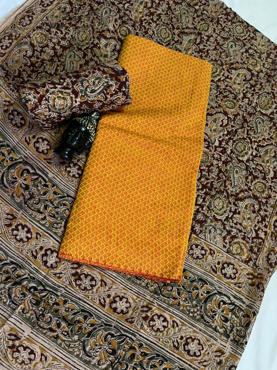 Traditional Kalamkari Unstitched 3PC Dress Material in Yellow Colour | Cotton Ethnic Fabric