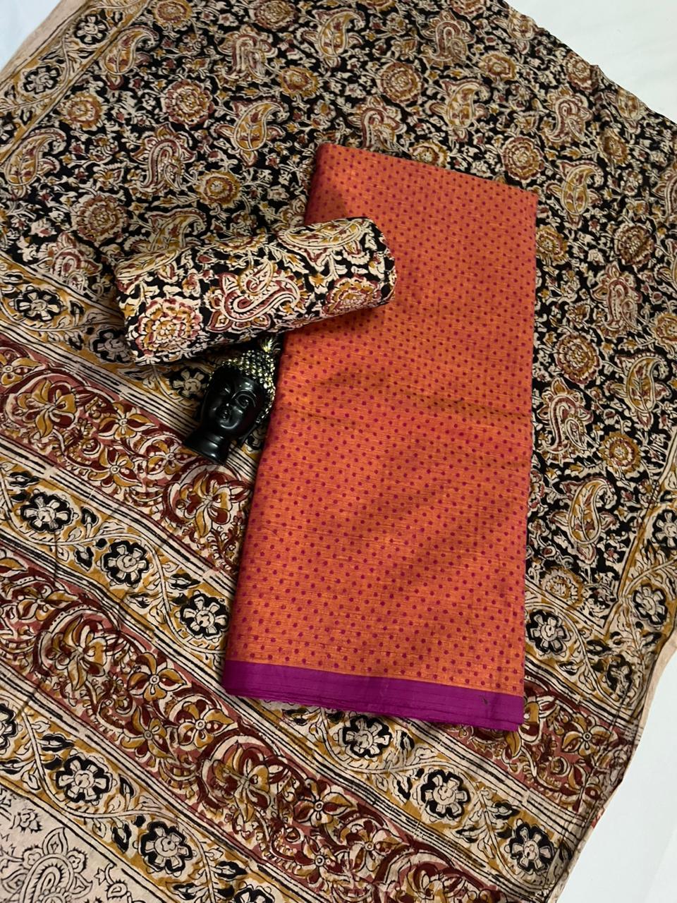 Traditional Kalamkari Unstitched 3PC Dress Material in Orange Colour | Cotton Ethnic Fabric