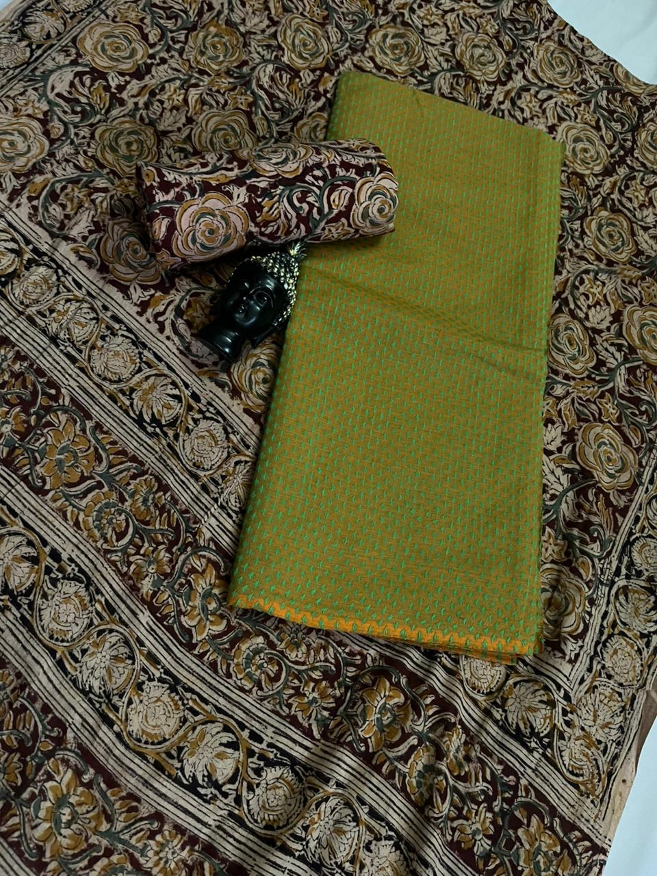 Traditional Kalamkari Unstitched 3PC Dress Material in Green Colour | Cotton Ethnic Fabric