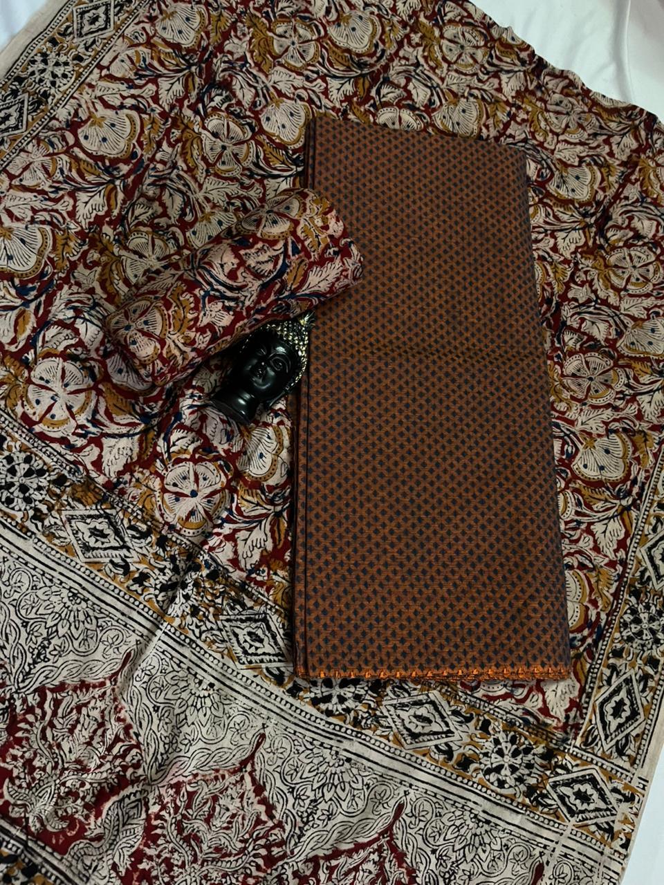 Traditional Kalamkari Unstitched 3PC Dress Material in Black Orange Colour | Cotton Ethnic Fabric