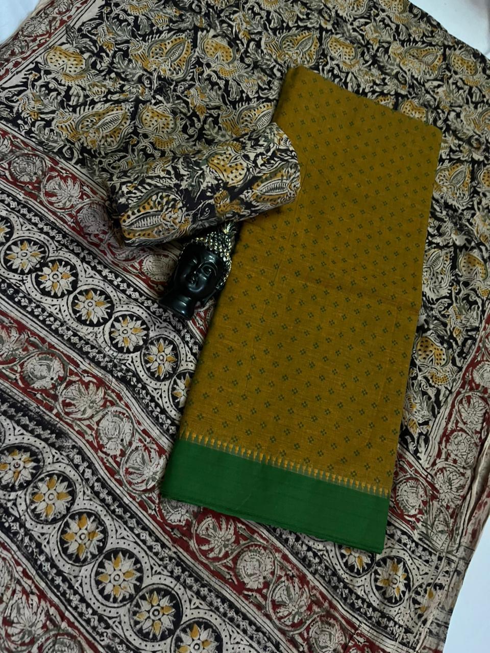 Traditional Kalamkari Unstitched 3PC Dress Material in Yellowish Green Colour | Cotton Ethnic Fabric
