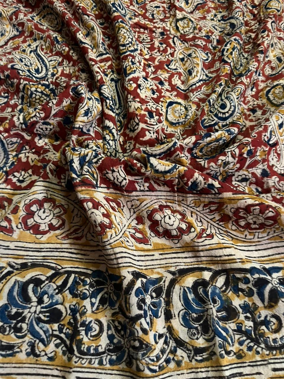 Traditional Kalamkari Unstitched 3PC Dress Material in Pinkish Yellow Colour | Cotton Ethnic Fabric