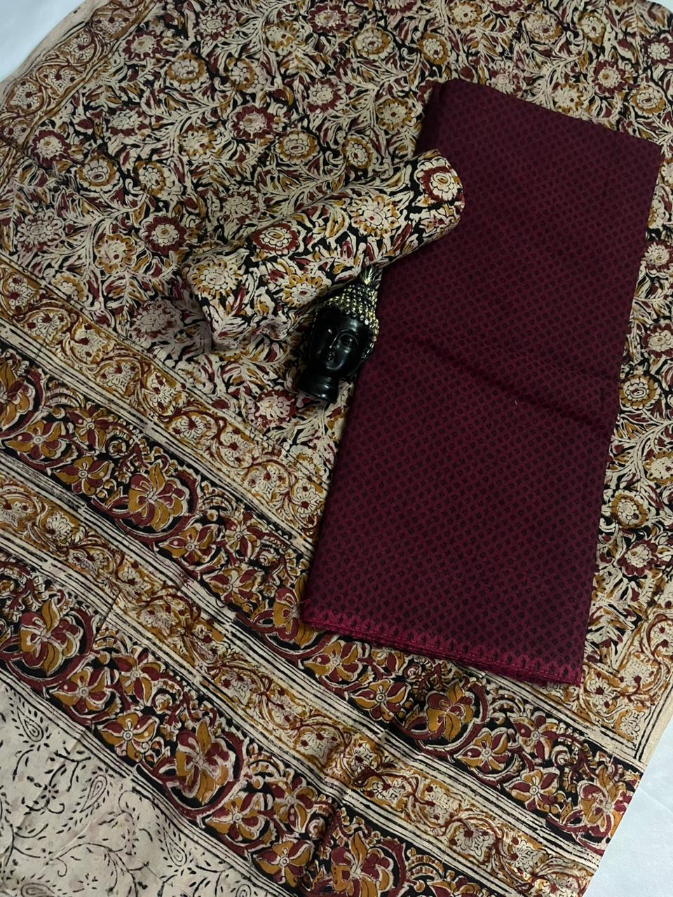 Traditional Kalamkari Unstitched 3PC Dress Material in Maroon Colour | Cotton Ethnic Fabric