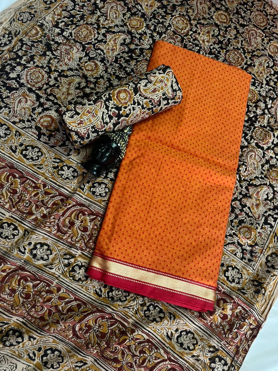 Traditional Kalamkari Unstitched 3PC Dress Material in Yellow Colour | Cotton Ethnic Fabric
