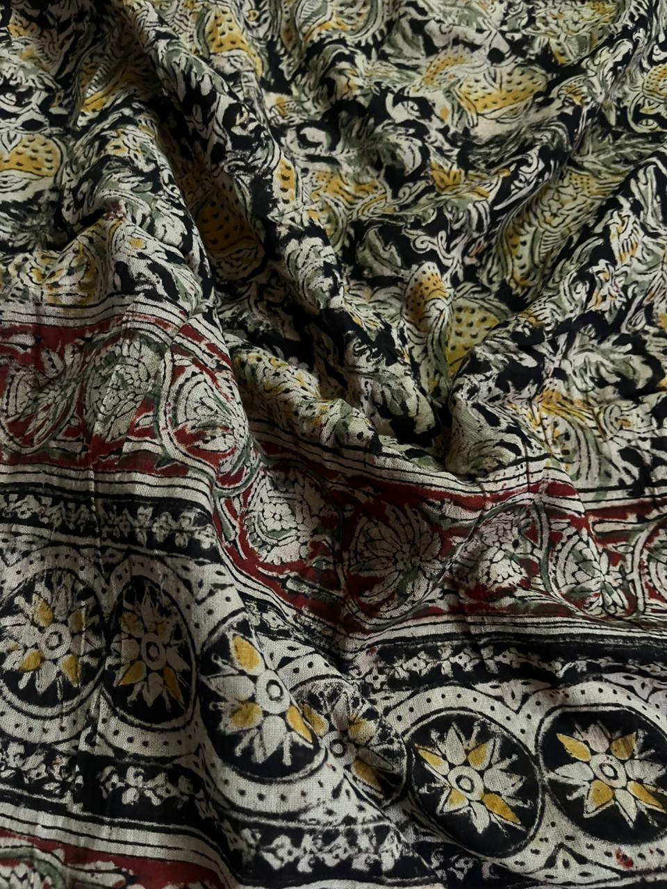 Traditional Kalamkari Unstitched 3PC Dress Material in Pesara Green Colour | Cotton Ethnic Fabric