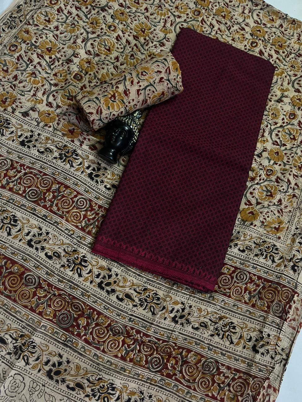 Traditional Kalamkari Unstitched 3PC Dress Material in Dark Pink Colour | Cotton Ethnic Fabric
