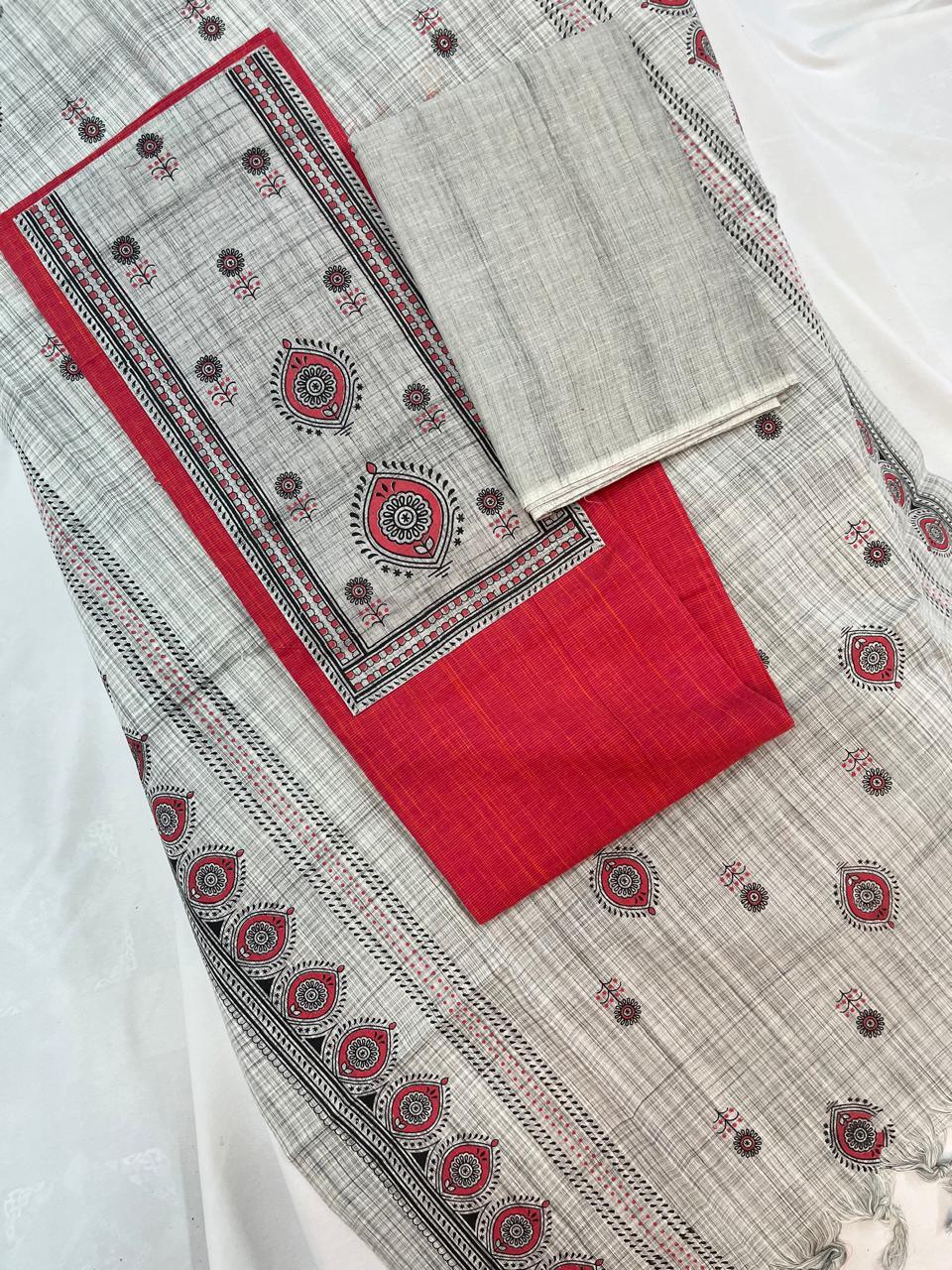 Cotton Dress Material with Red Color