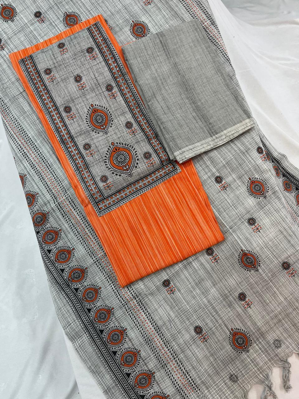 Cotton Dress Material with Orange Color