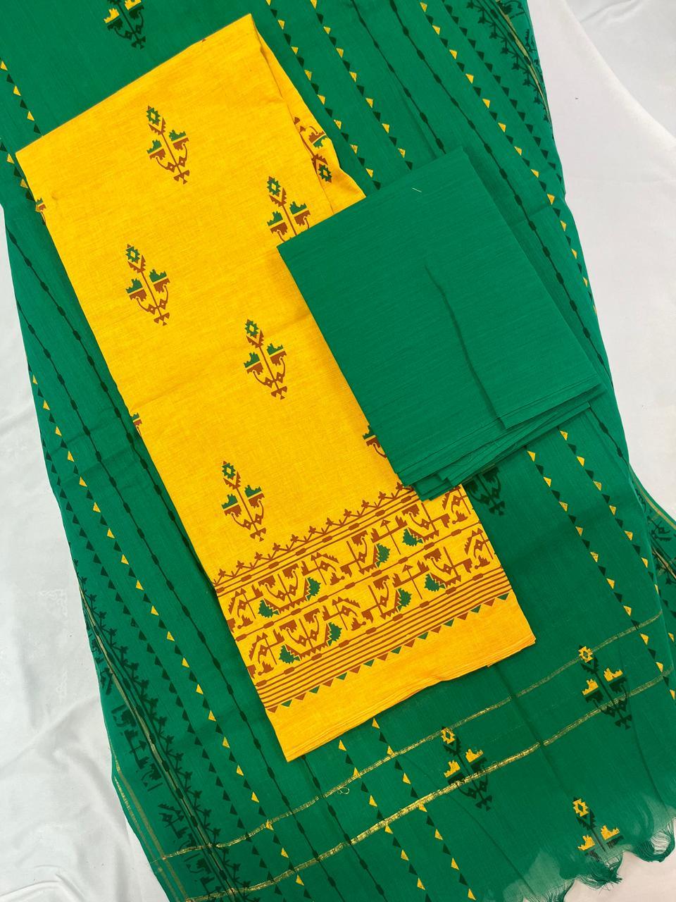 Cotton Dress Material with Green Chunni