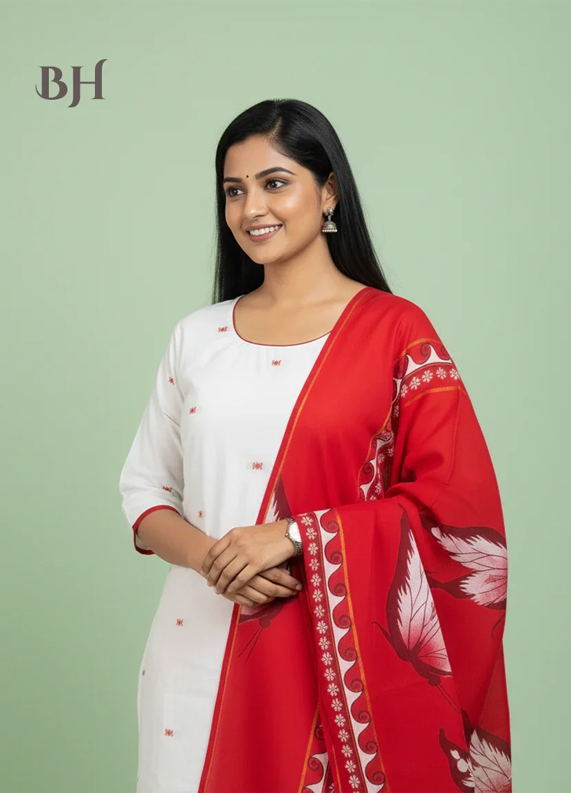 Jacquard Cotton Kurti Set Half White & Red – Straight Cut Pattern with Elbow Sleeves
