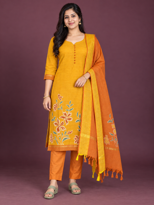 Premium Mangalagiri Cotton Floral Printed 3PC Kurti Set in Mustard Yellow & Rust Orange | Matching Bottom & Dupatta | Ready to Wear