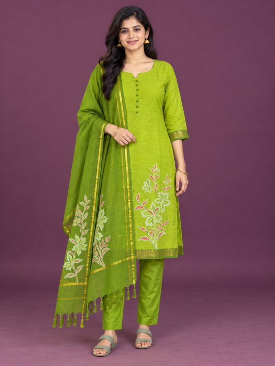 Premium Mangalagiri Cotton Floral Printed 3PC Kurti Set in Lime Green Colour | Matching Bottom & Dupatta | Ready to Wear