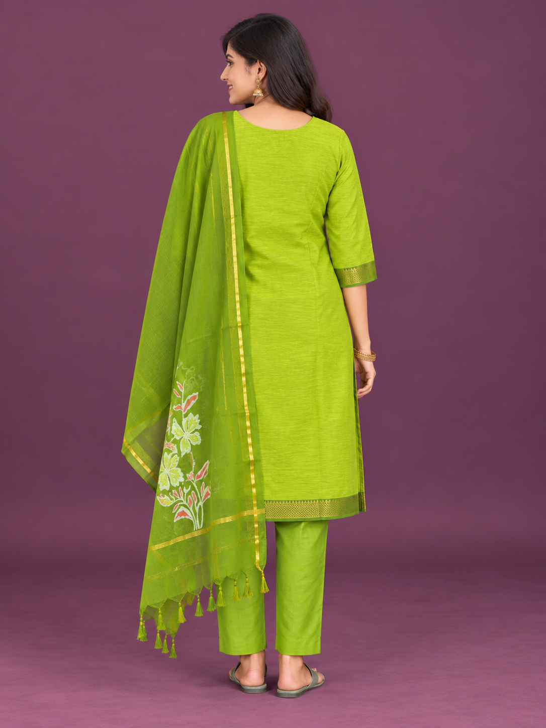 Premium Mangalagiri Cotton Floral Printed 3PC Kurti Set in Lime Green Colour | Matching Bottom & Dupatta | Ready to Wear