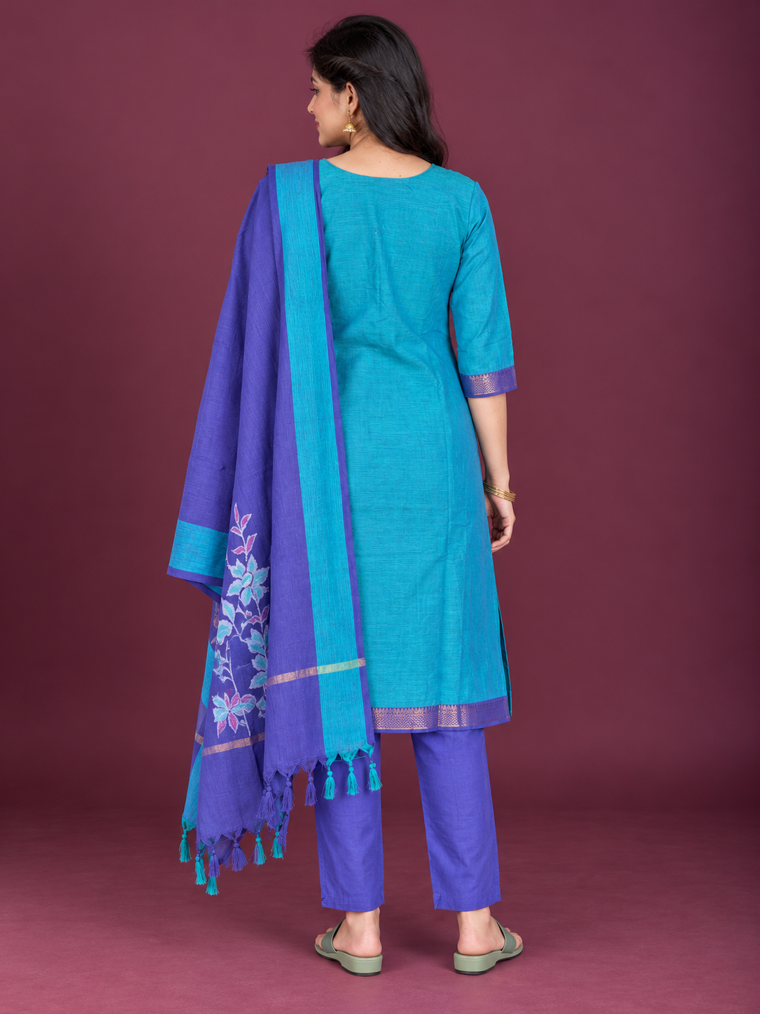 Premium Mangalagiri Cotton 3PC Kurti Set in Teal Blue & Royal Blue | Matching Bottom & Dupatta | Ready to Wear