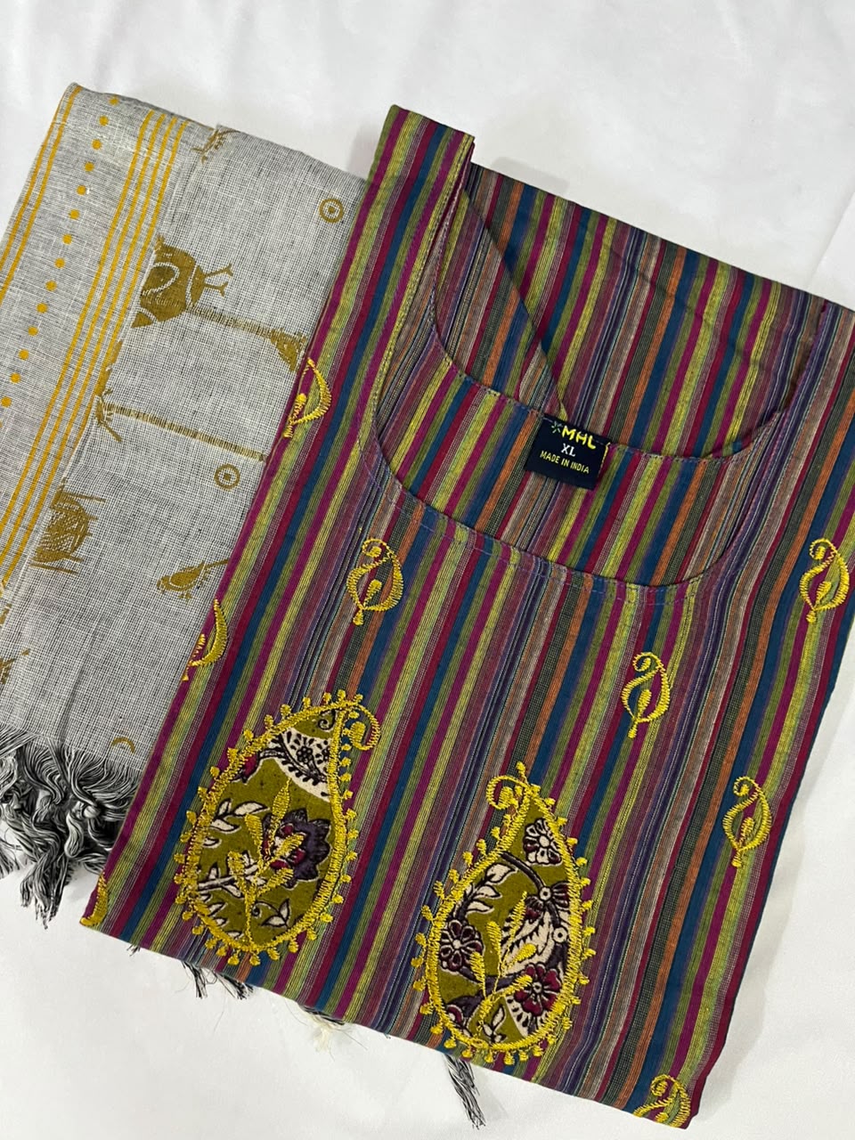Premium Multicolor Cotton 3PC Kurti Set with Embroidered Design | Ready to Wear