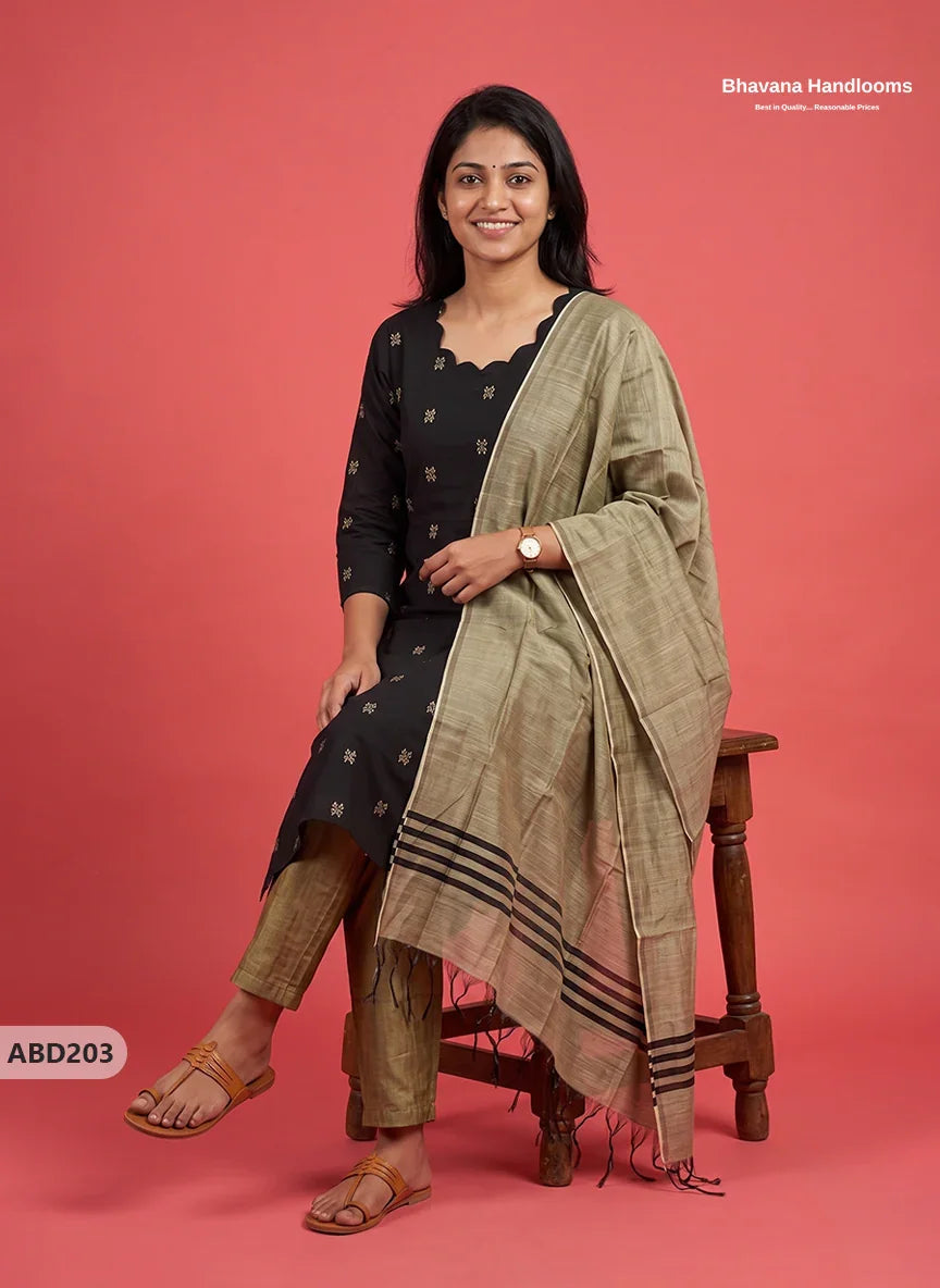 Raw Silk 3-Piece Kurti Set with Cut Work Neck Design in Black Colour | Full-Length Lined Kurti with Gold Dupatta