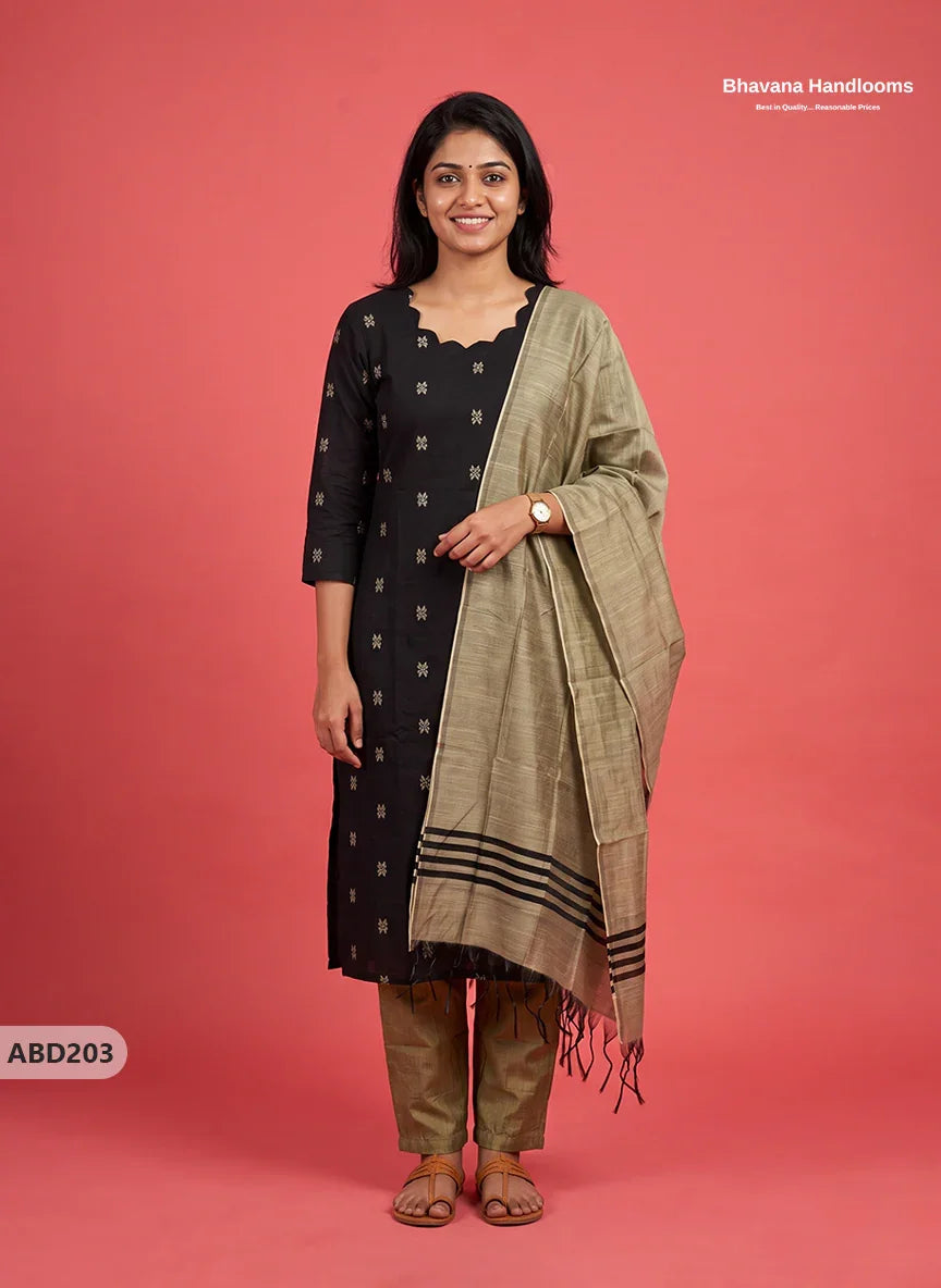 Raw Silk 3-Piece Kurti Set with Cut Work Neck Design in Black Colour | Full-Length Lined Kurti with Gold Dupatta