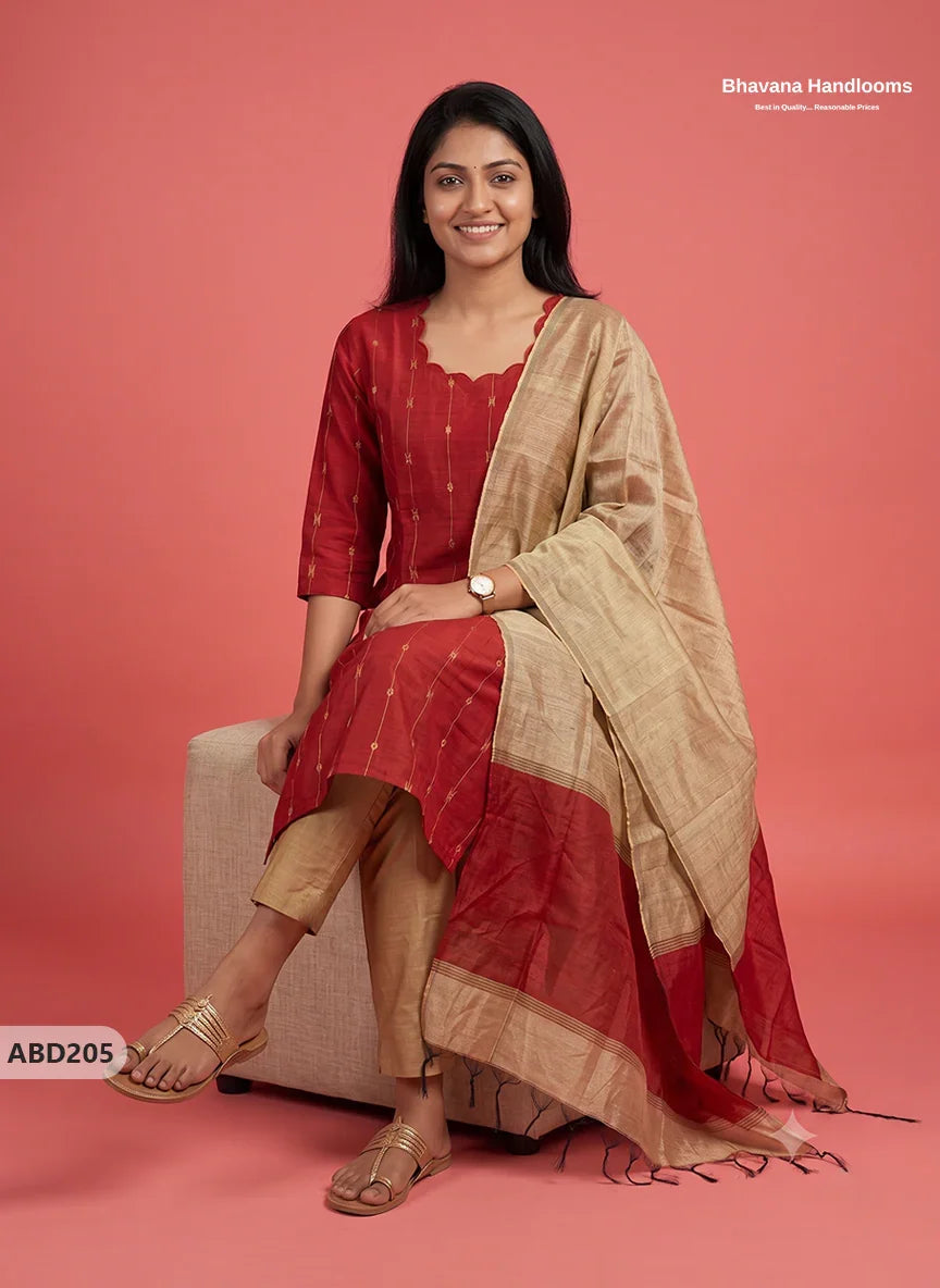 Raw Silk 3-Piece Kurti Set with Cut Work Neck Design in Red Colour | Full-Length Lined Kurti with Gold Dupatta