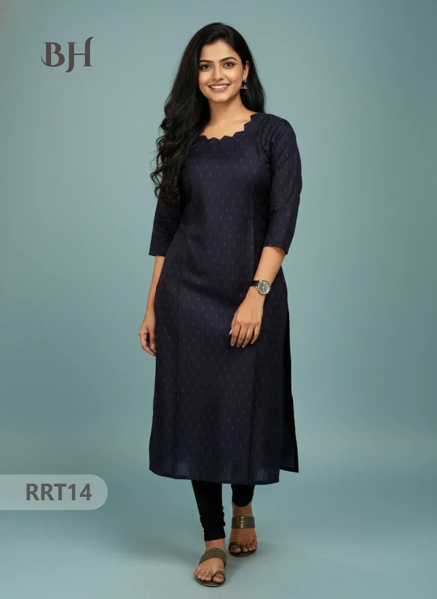 Designer Raw Silk Straight Cut Top in Navy Blue | Cut Work Neck | Full-Length Lining