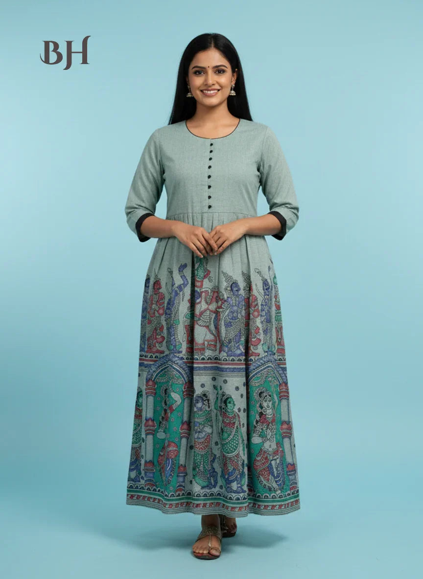Ramayanam Cotton Frock Pastel Sage Green – Premium Ethnic Wear for Women & Girls