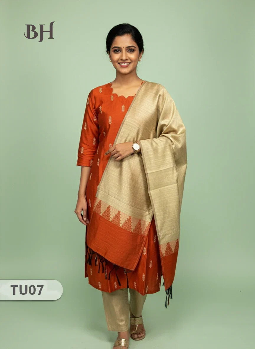 Raw Silk 3-Piece Kurti Set with Cut Work Neck Design in Orange Colour | Full-Length Lined Kurti with Gold Dupatta