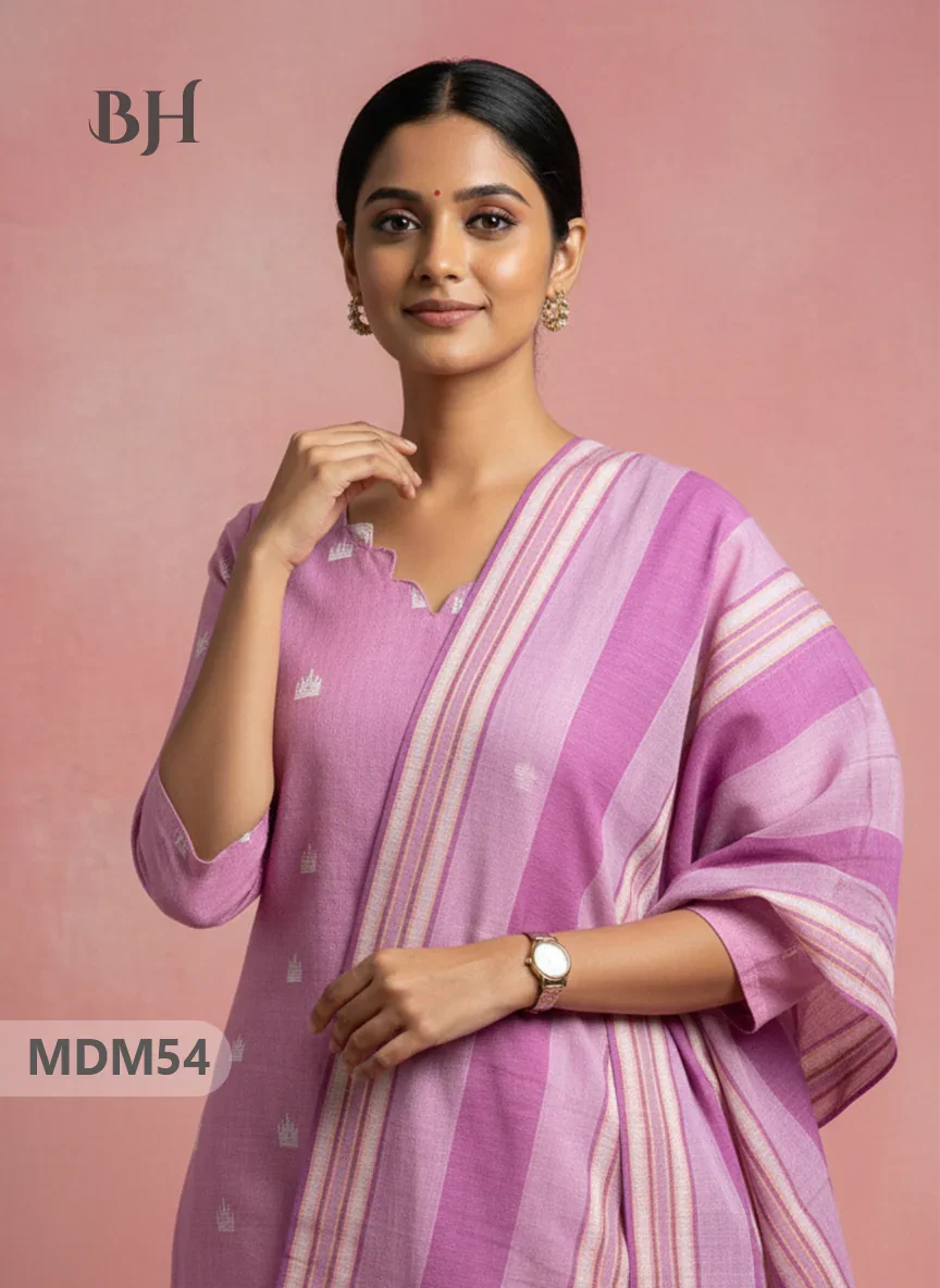 Handloom Jacquard 3pc Suit Set – Pink with Pocket, Elastic Bottom & Full Lining