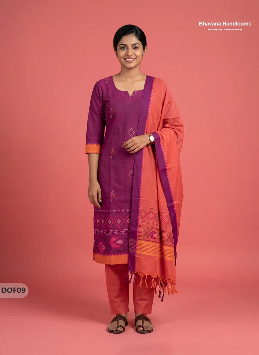 Mangalagiri Handloom Printed Cotton Kurti Set Rani Pink Colour with Elastic Bottom | Ready-to-Wear Ethnic Wear