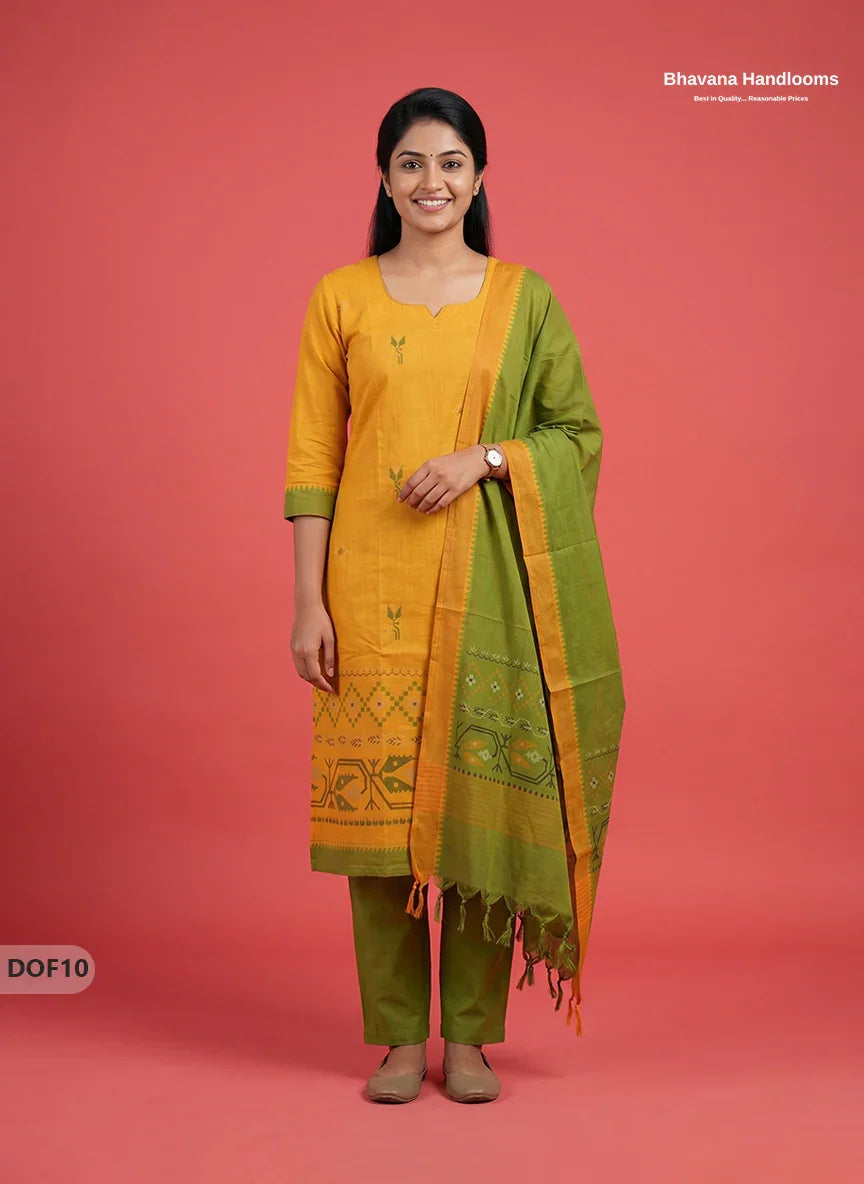 Mangalagiri Handloom Printed Cotton Kurti Set Yellow Colour with Elastic Bottom | Ready-to-Wear Ethnic Wear