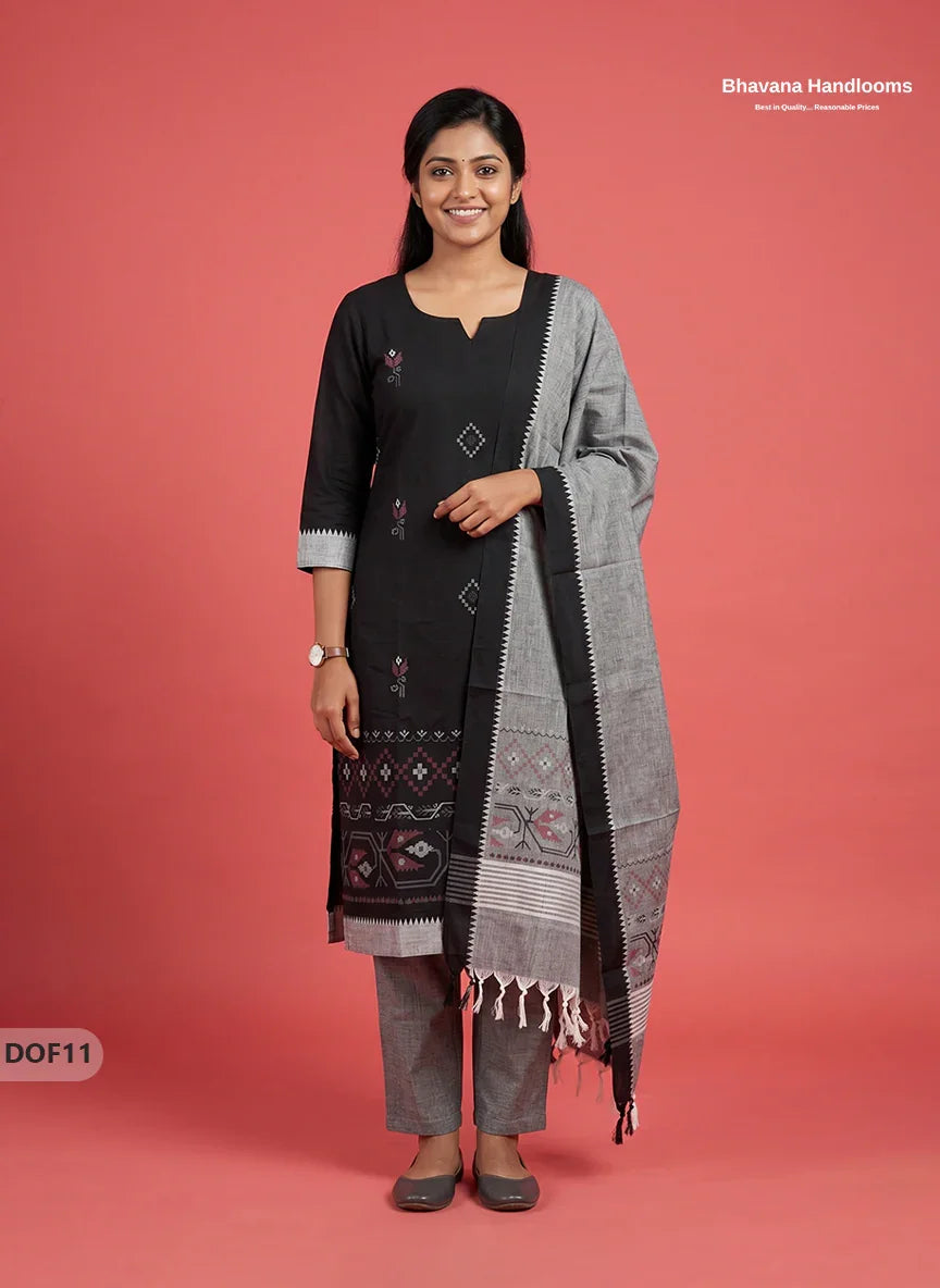 Mangalagiri Handloom Printed Cotton Kurti Set Black Colour with Elastic Bottom | Ready-to-Wear Ethnic Wear