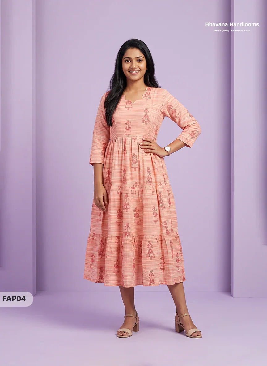 Stylish Malai Cotton Frock in Peach Orange Colour | Breathable Daily Wear