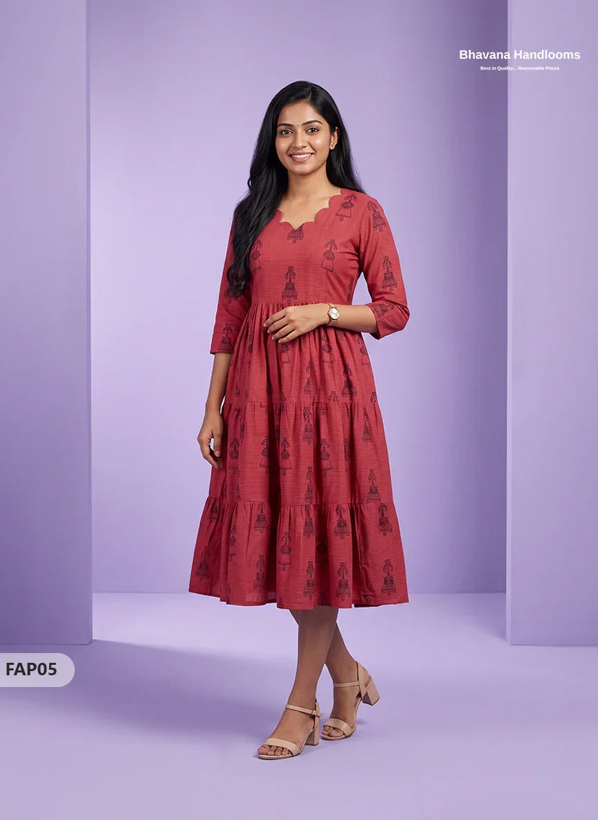 Stylish Malai Cotton Frock in Brick Red Colour | Breathable Daily Wear
