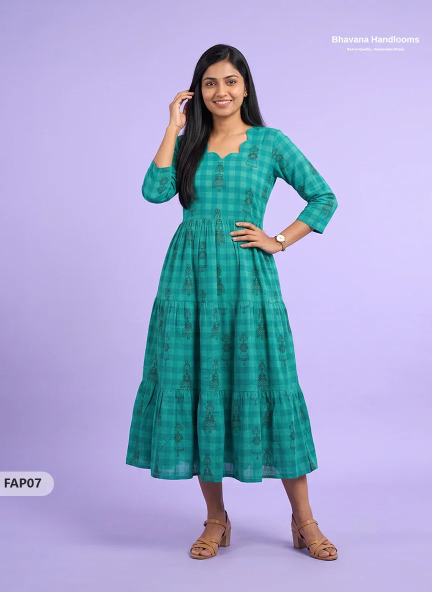 Stylish Malai Cotton Frock in Peacock Green Colour | Breathable Daily Wear