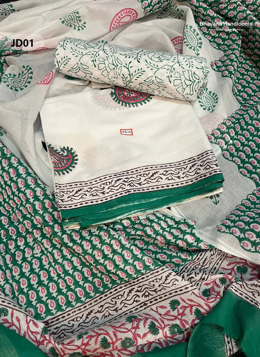 Jaipur Handblock Cotton Dupatta Dress Material – White & Elf Green