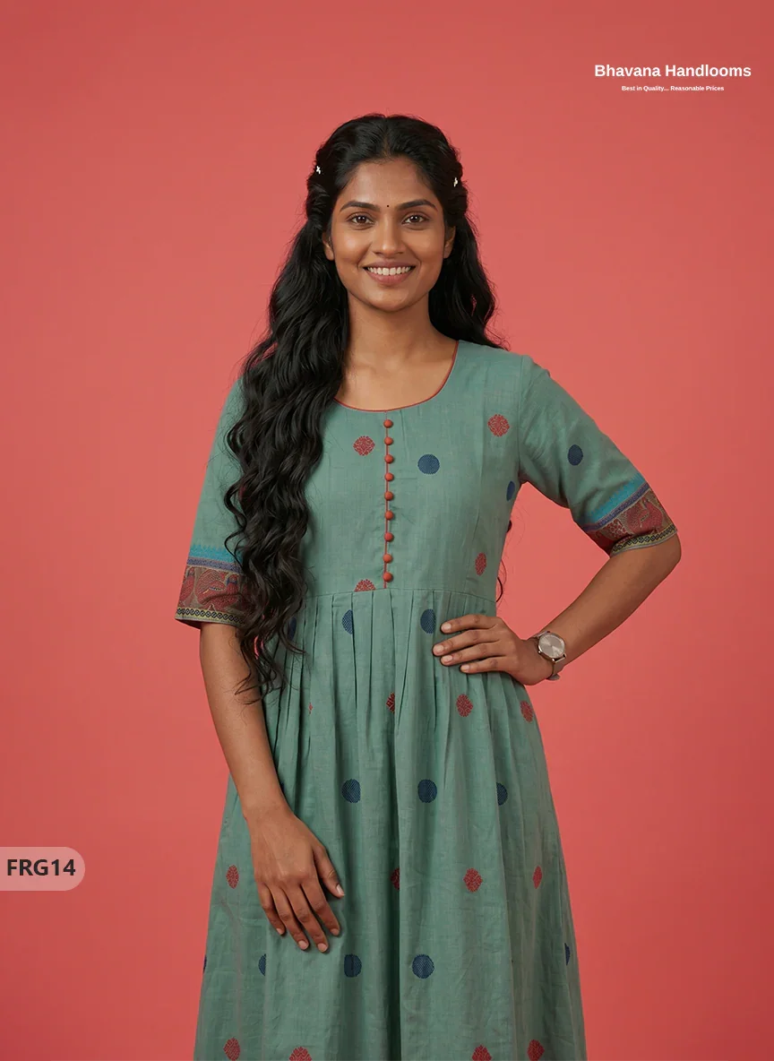 Summer Special Premium Cotton Handloom Frock with Woven Design | Muted Eucalyptus Colour