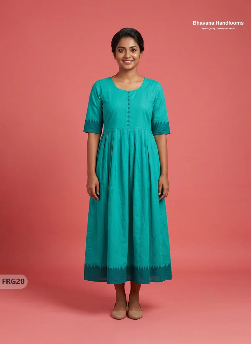 Summer Special Premium Cotton Handloom Frock with Woven Design | Parrot Turquoise Green Colour