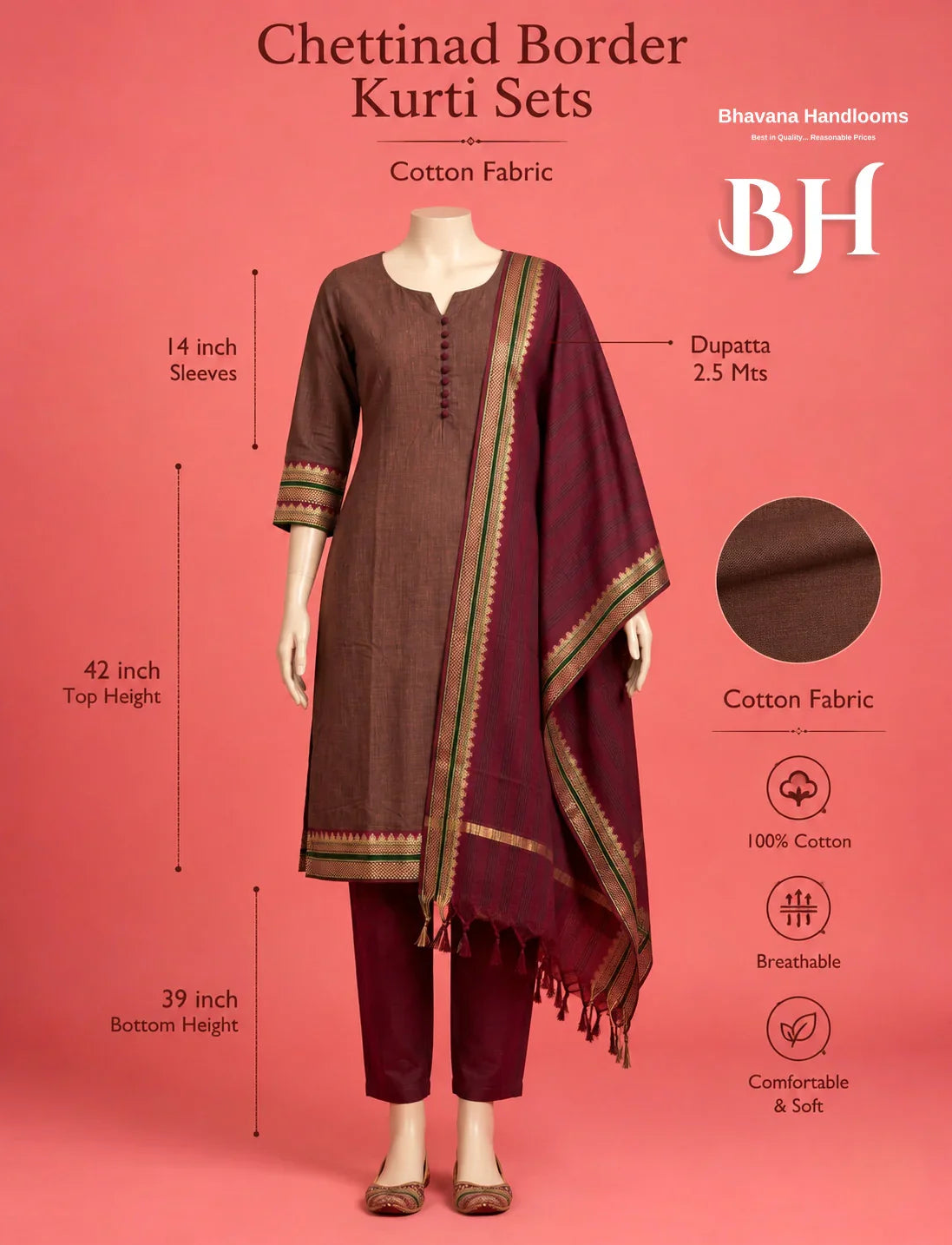 Pure Handloom Kurti Set with Chettinadu Border & Potli Balls | Coffee Brown Colour Ethnic Wear