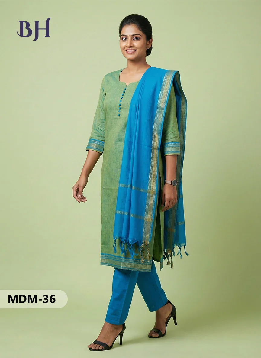 Mangalagiri Cotton 3PC Set – Parrot Green | Full-Length Lining | Handloom Ethnic Wear